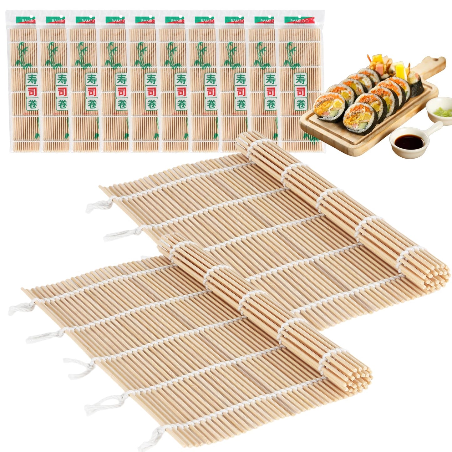 LEQC 10PCS Sushi Rolling Mat 9.5"x9.5" – Durable Sushi Mat with Tightly-Bound Design for Home & Restaurant Use (White)
