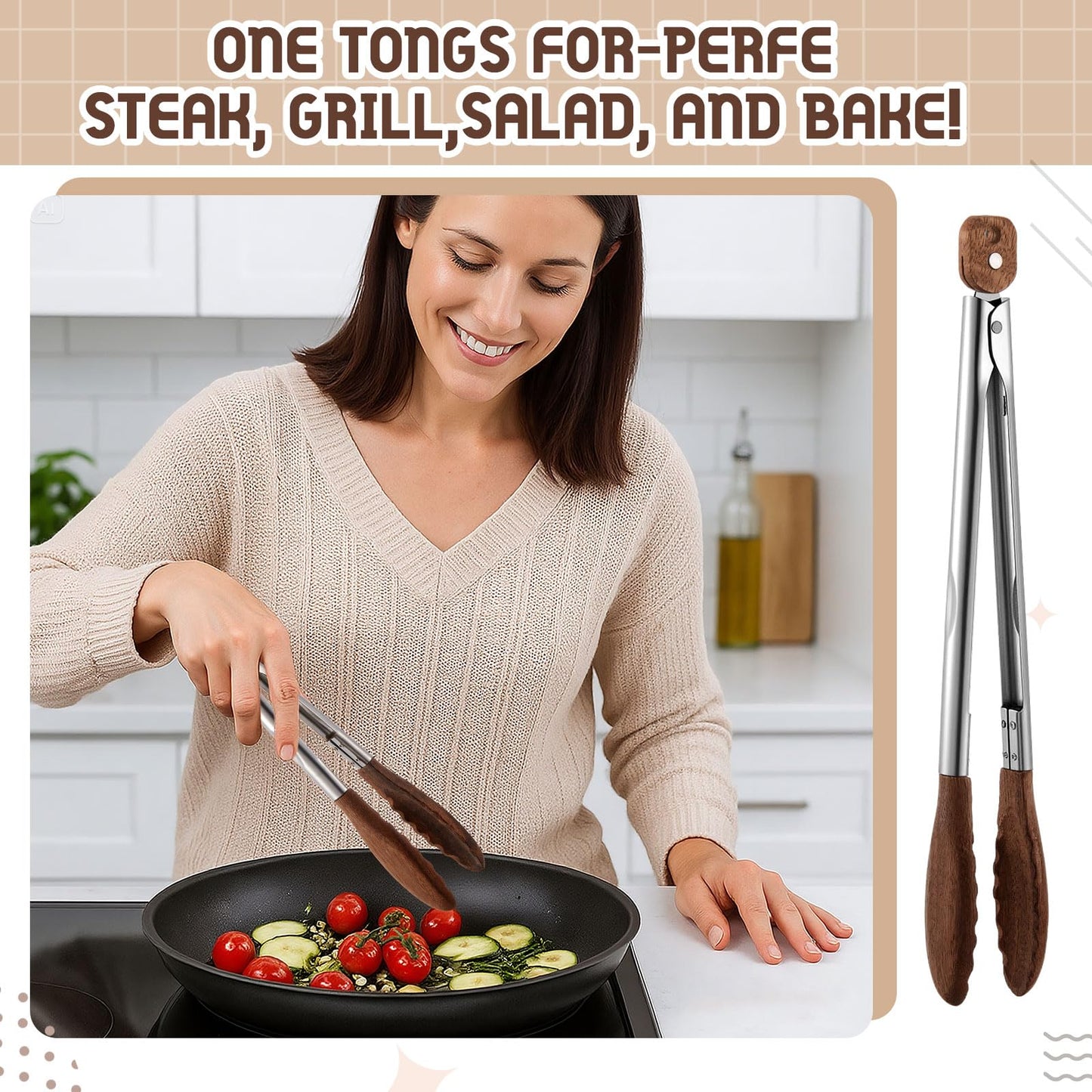 Honeydak 3 Pcs Wooden Tongs for Cooking 7" 9" 12" Wood Tip Serving Tongs with Locking for BBQ Salad Cooking and Grilling, Includes Anti-slip Handle with Hanging Hole