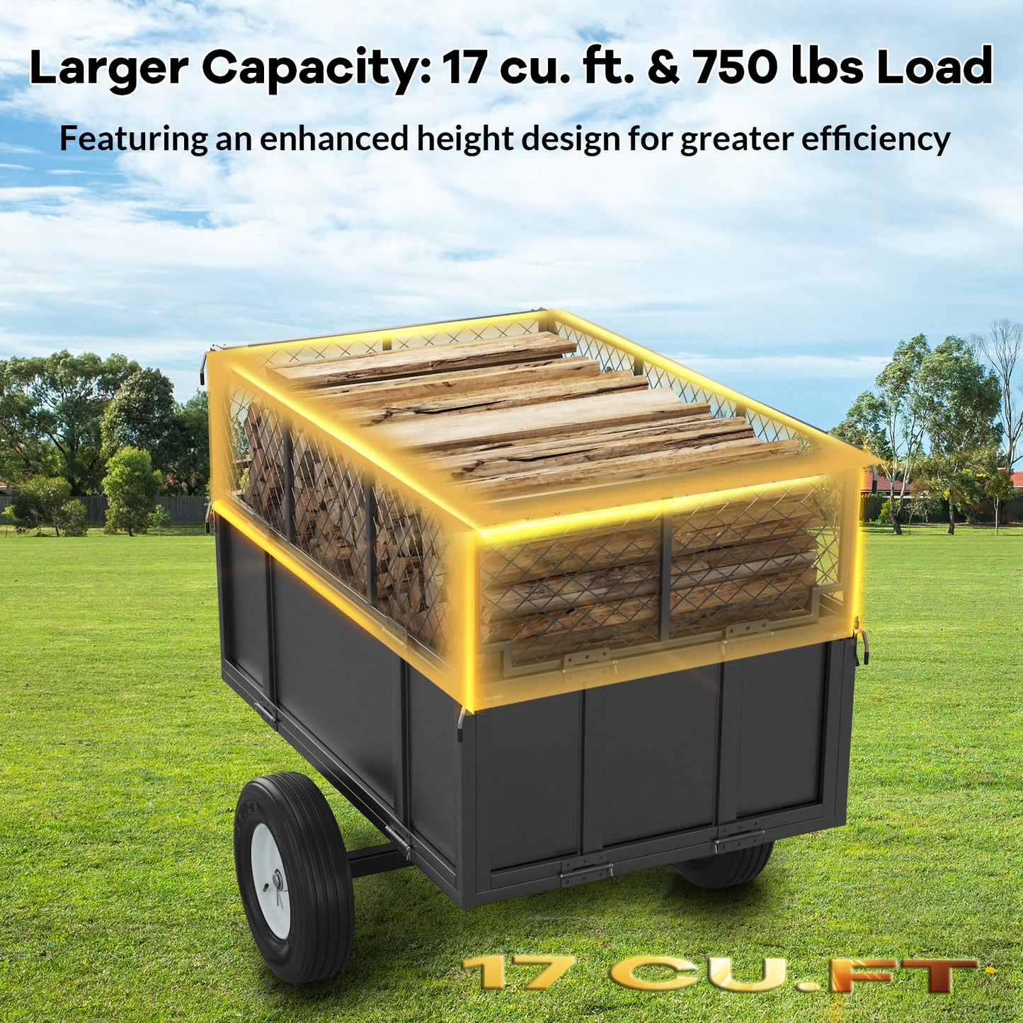 Heavy Duty Utility Trailer, 750lbs Capacity 17 Cu. Ft. ATV Dump Trailer, Garden and Lawn Mower Trailer with Removable Sides, Pull Behind Yard Cart for Tractors, ATV & UTV – Ideal for Hauling & Dumping