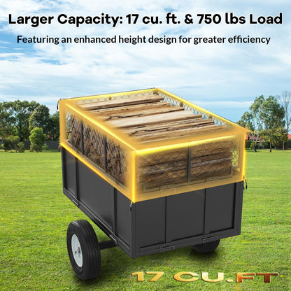 17 Cu.ft Heavy-Duty Steel Dump Trailer Cart, 750 Lb Capacity Tow-Behind Utility Trailer with Removable Mesh Sides & Pneumatic Tires for ATV, UTV, Lawn Tractor, Yard & Farm Hauling, Black
