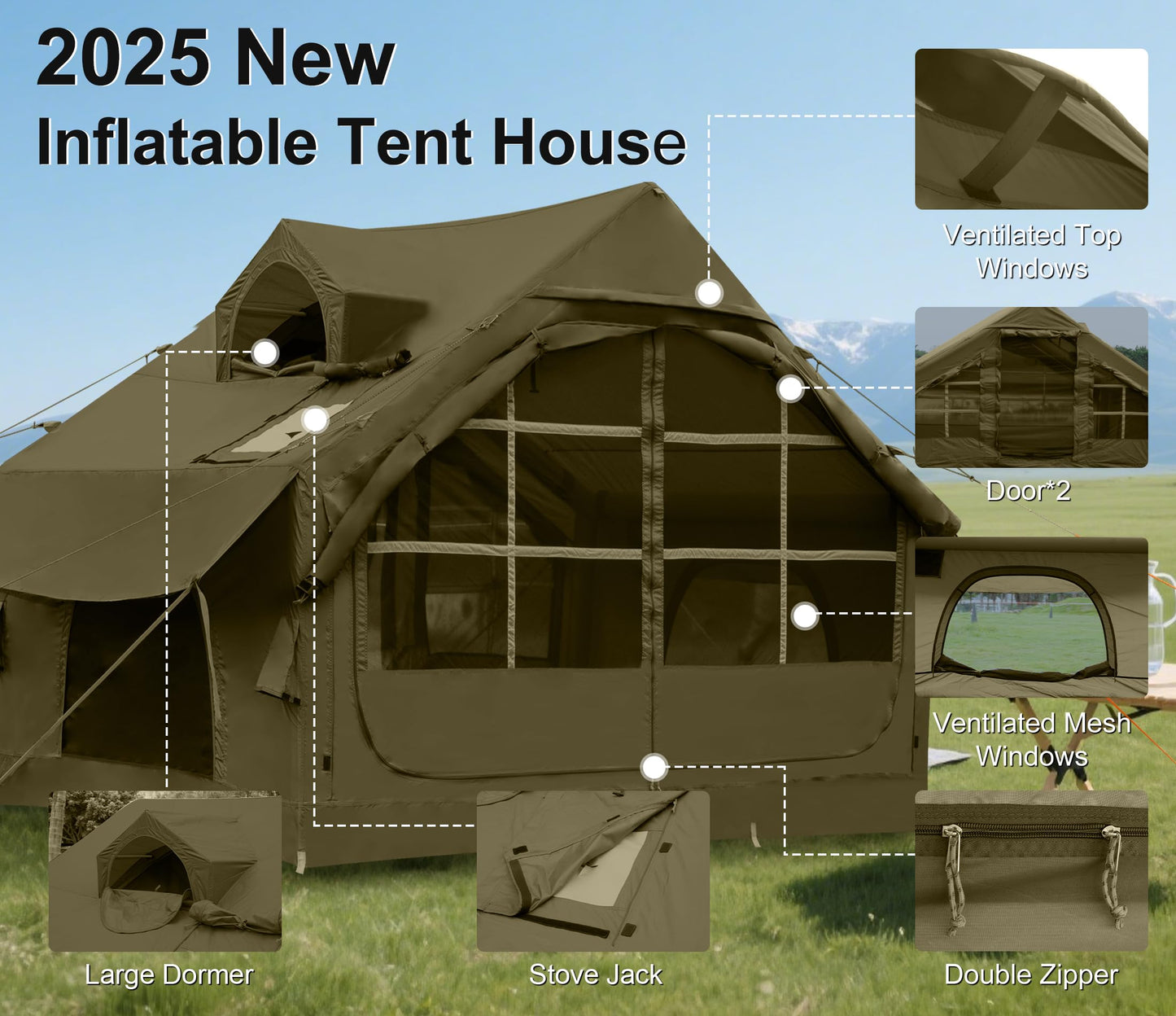 Inflatable Tents for Camping with Skylight, 4/6 Person Easy Setup Blow Up Tents for 4 Seasons Waterproof Inflatable Camping Tent with Awning, Air House Glamping Tents for Camping Adult