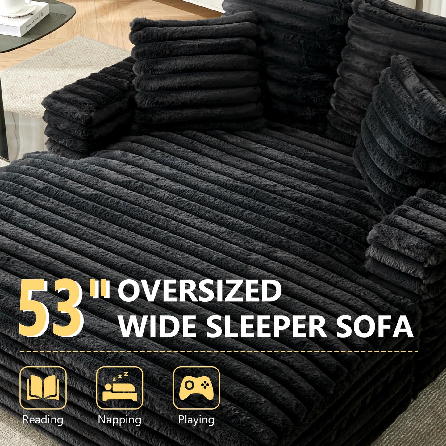 Oprisen Oversized Chaise Lounge Chair Indoor, 53 Inch Fluffy Plush Faux Fur Upholstered Sleeper Sofa Bed, Cozy Lazy Couch for Living Room, Bedroom (Black)