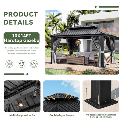 Aoxun 10' X 14' Hardtop Gazebo with Drainage System, Aluminum Outdoor Gazebo with Galvanized Steel Double Roof, Patio Permanent Metal Pavilion with Netting, for Garden, Deck, Pool, Grey