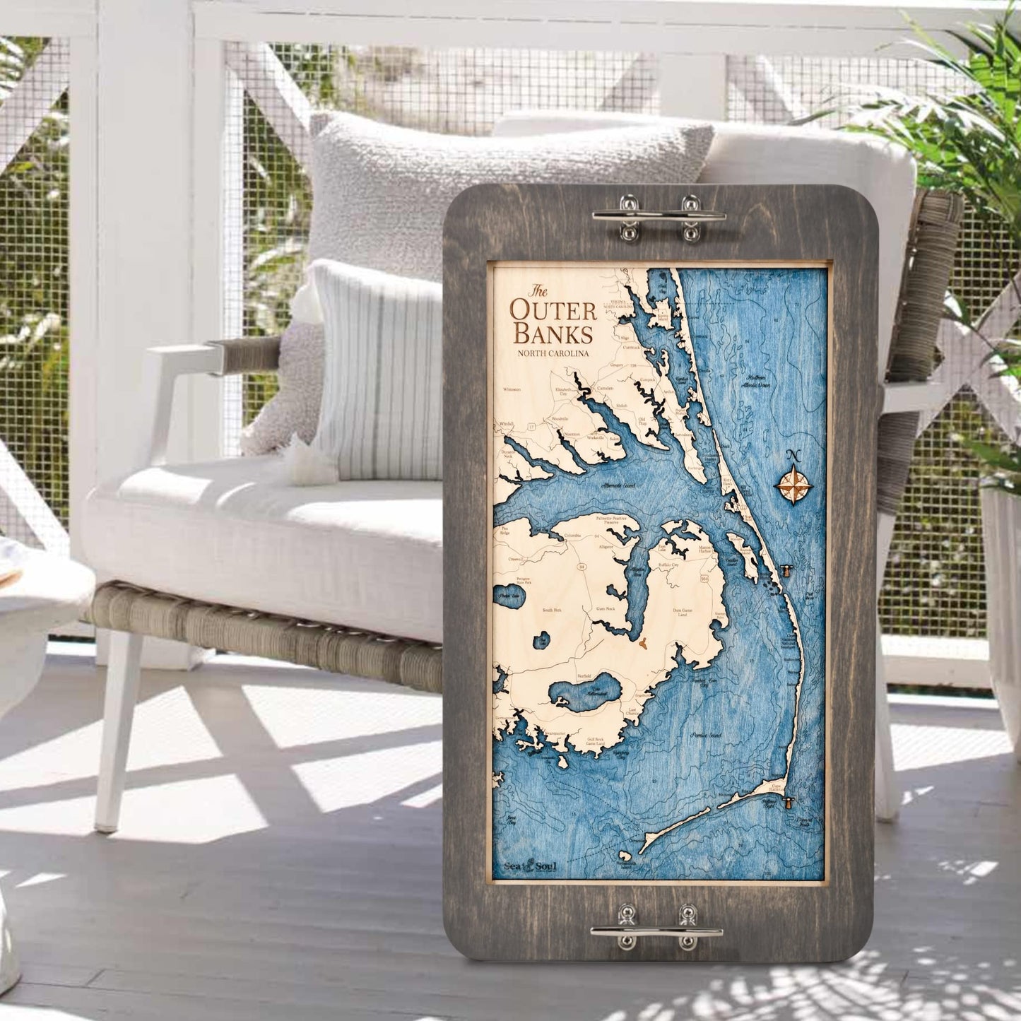 Outer Banks 3D Wood Map Nautical Decor Serving Tray & Wall Art, OBX Coastal Home Decor, Nautical Ottoman Tray, Handcrafted in The USA, 13 x 24.5-in (Distressed Coffee/Deep Blue)