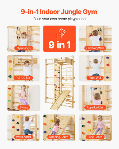 VEVOR Swedish Ladder Wall Gym, 9-in-1 12-Level Solid Wood Gymnastic Stall Bars for Kids Adults, 220LBS Indoor Jungle Gym with Rock Climbing Wall, Gym Rings, Pull-Up Bar, Climbing Board, Slide, Swing