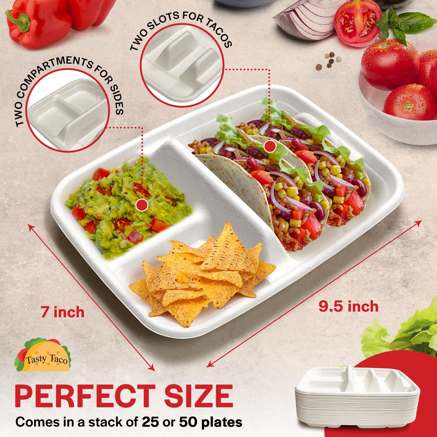 White Disposable Taco Plates for 2 Tacos & 2 Sides – 25 PACK | Premium Paper Plates with Dividers, Fiesta Taco Holder, Taco Stand for Taco Tuesday & Taco Bar Serving Set Taco Plates (25 Plates)