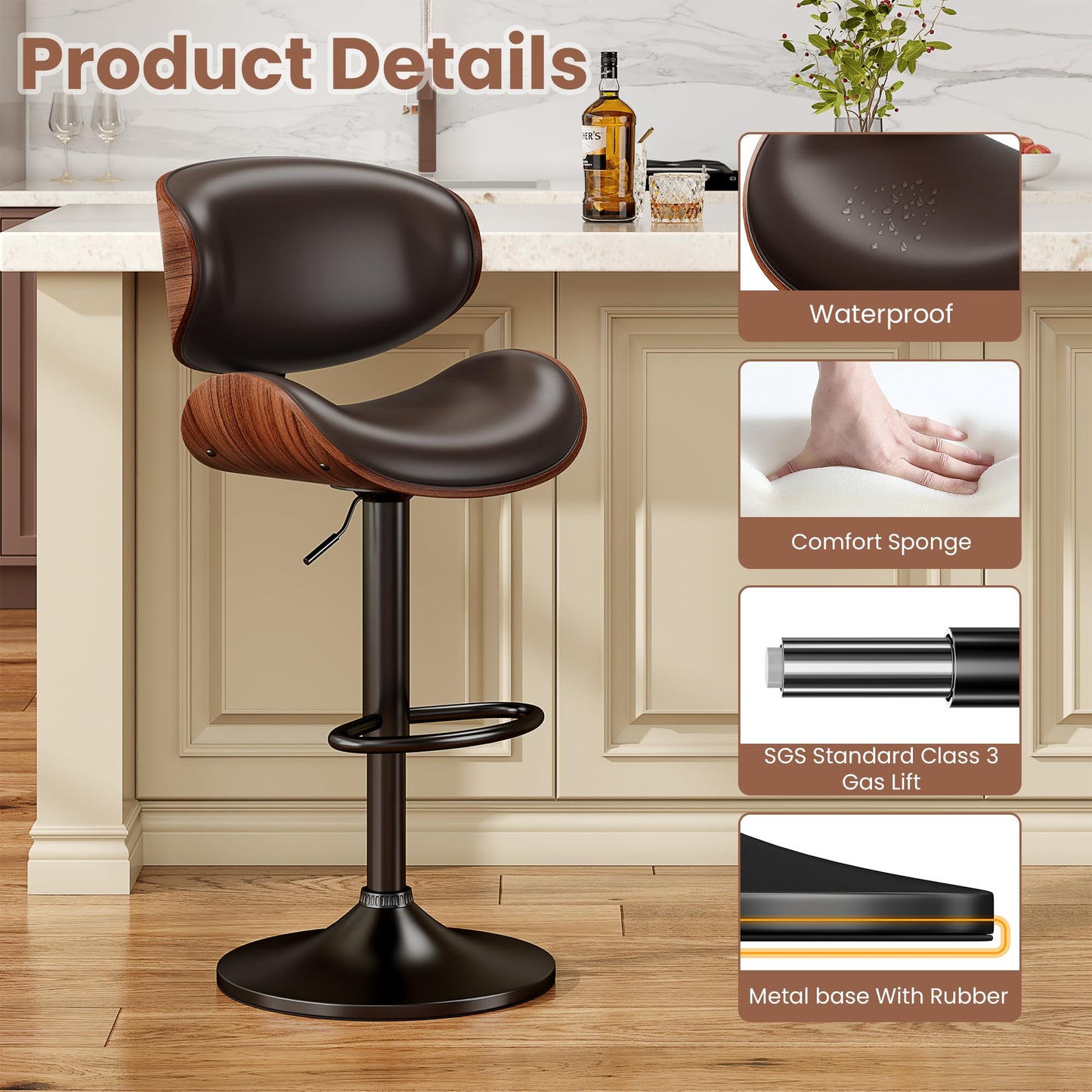 YaFiti Bar Stools Set of 3, Bentwood Adjustable Height Swivel Bar Stools, PU Leather Upholstered Bar Chair with Back and Footrest for Bar, Kitchen, Dining Room, Brown
