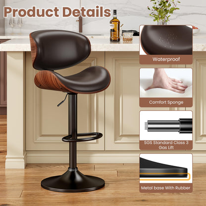 YaFiti Bar Stools Set of 3, Bentwood Adjustable Height Swivel Bar Stools, PU Leather Upholstered Bar Chair with Back and Footrest for Bar, Kitchen, Dining Room, Brown