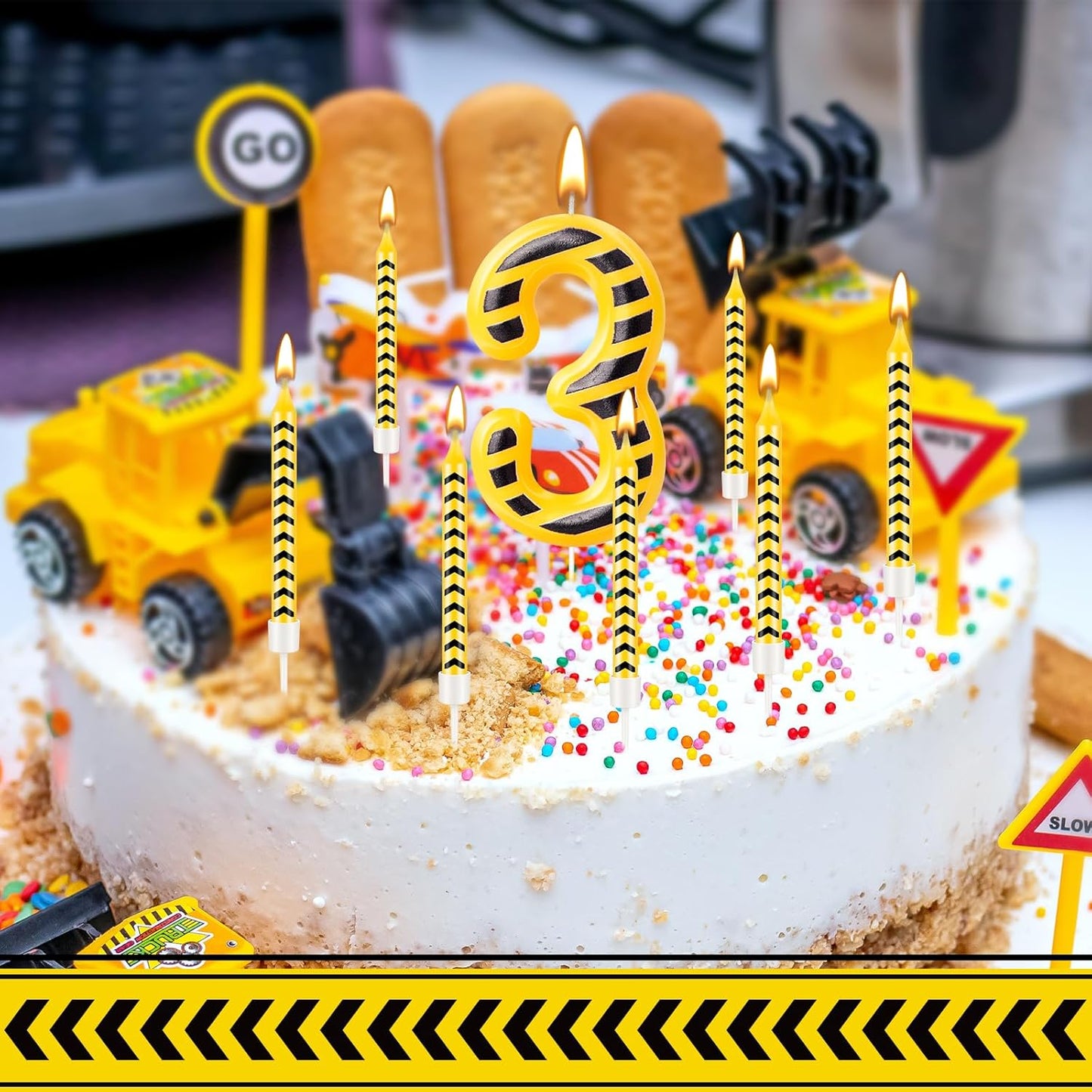 AXBMM 13 Set 12 3 3) Pcs Construction Themed Birthday Candles Yellow and Black Number Candle Cake Topper