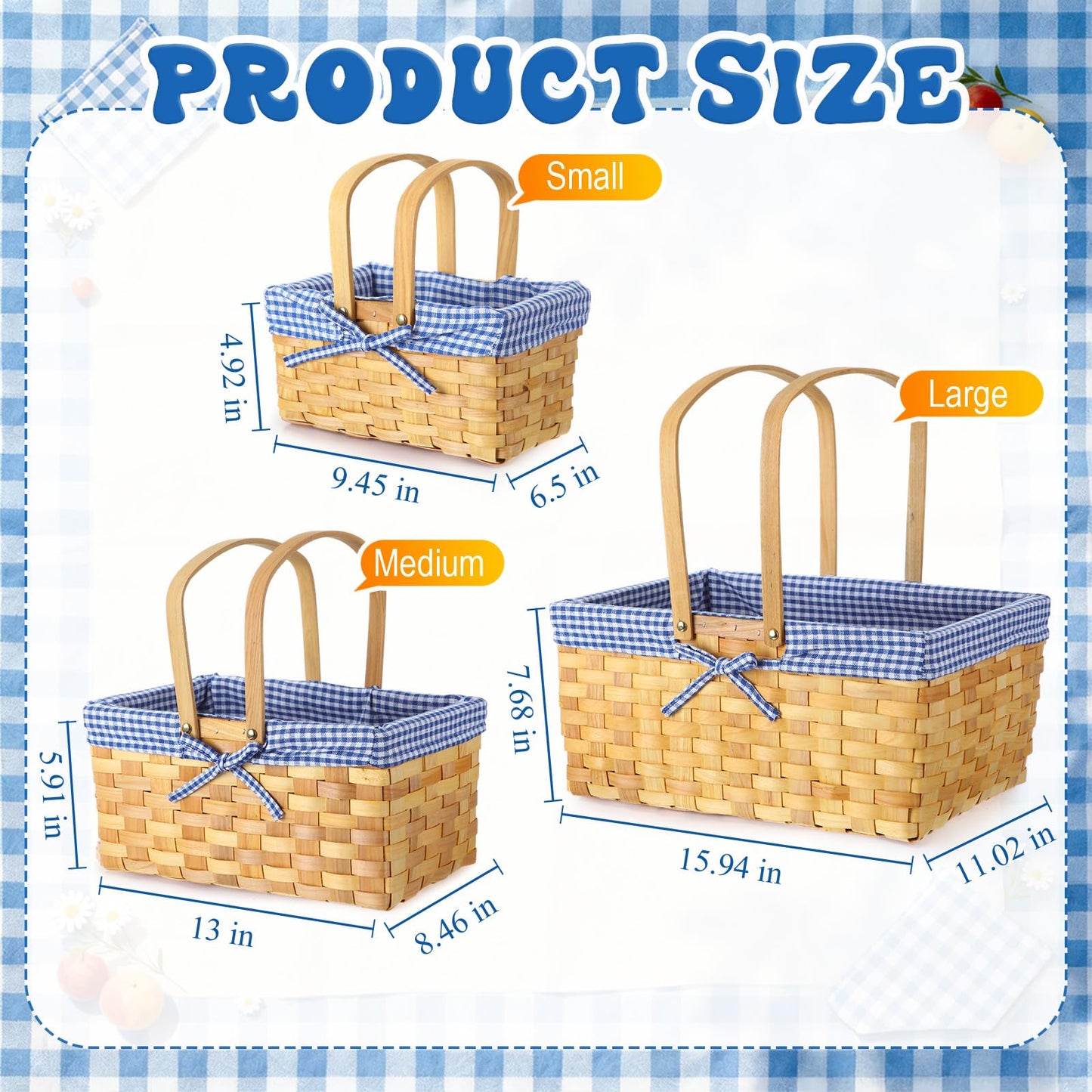 LOYIM 3 Pcs Different Sizes Picnic Basket with Handles Spring Plaid Gingham Checkered Liner Basket Rustic Woven Hamper for Picnic Camping Outdoor Egg Gathering Candy Gift(Blue)