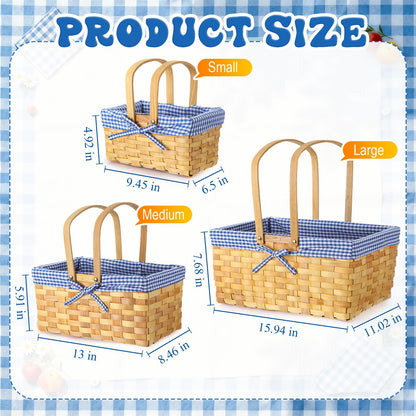 LOYIM 3 Pcs Different Sizes Picnic Basket with Handles Spring Plaid Gingham Checkered Liner Basket Rustic Woven Hamper for Picnic Camping Outdoor Egg Gathering Candy Gift(Blue)