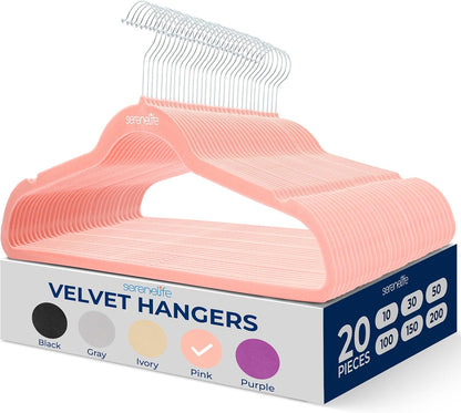 SereneLife Velvet Hangers - Non-Slip Felt Design with 360° Swivel Hook - Ultra-Thin & Space-Saving for Shirts, Sweaters, Kids Clothes & More