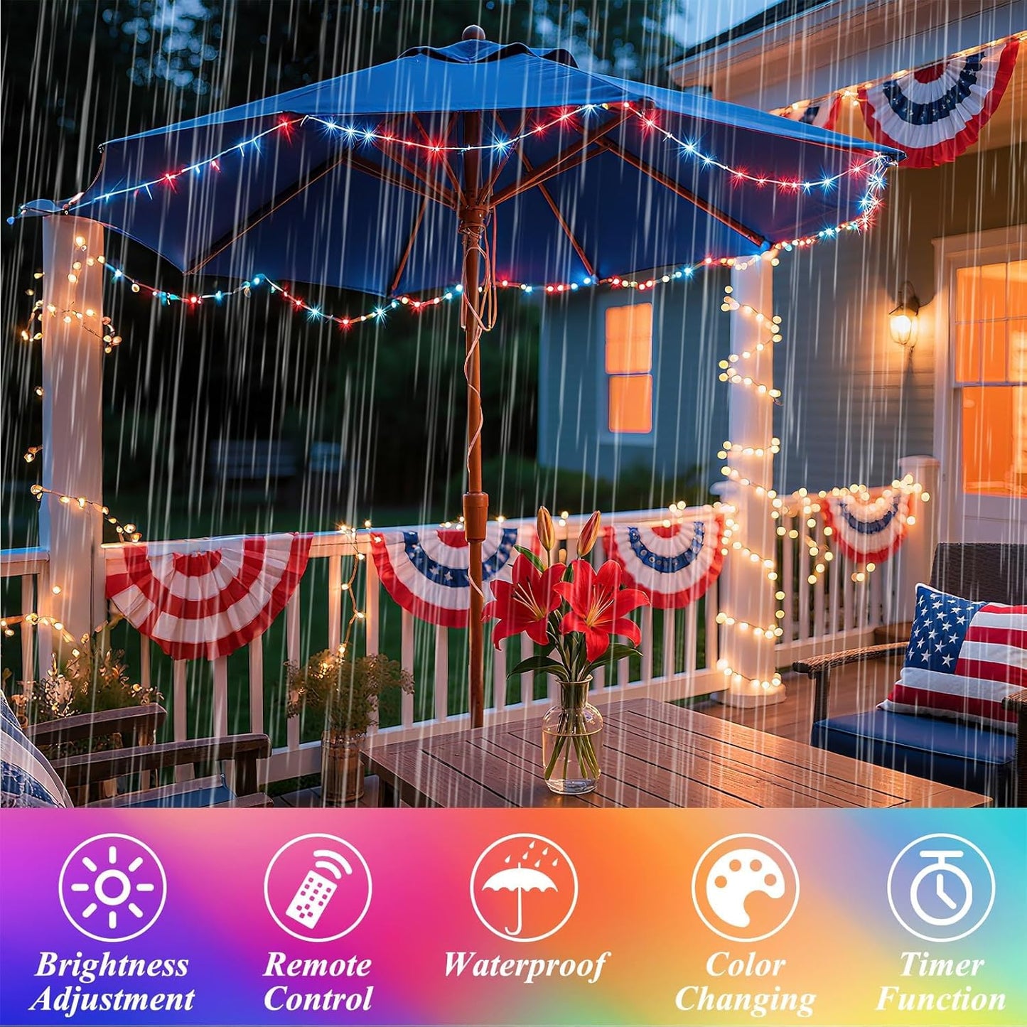 200 66 35 4th Lovelite LED Fairy Lights Color Changing, FT Colors of July Fairy Lights with Remote, Red White and Blue