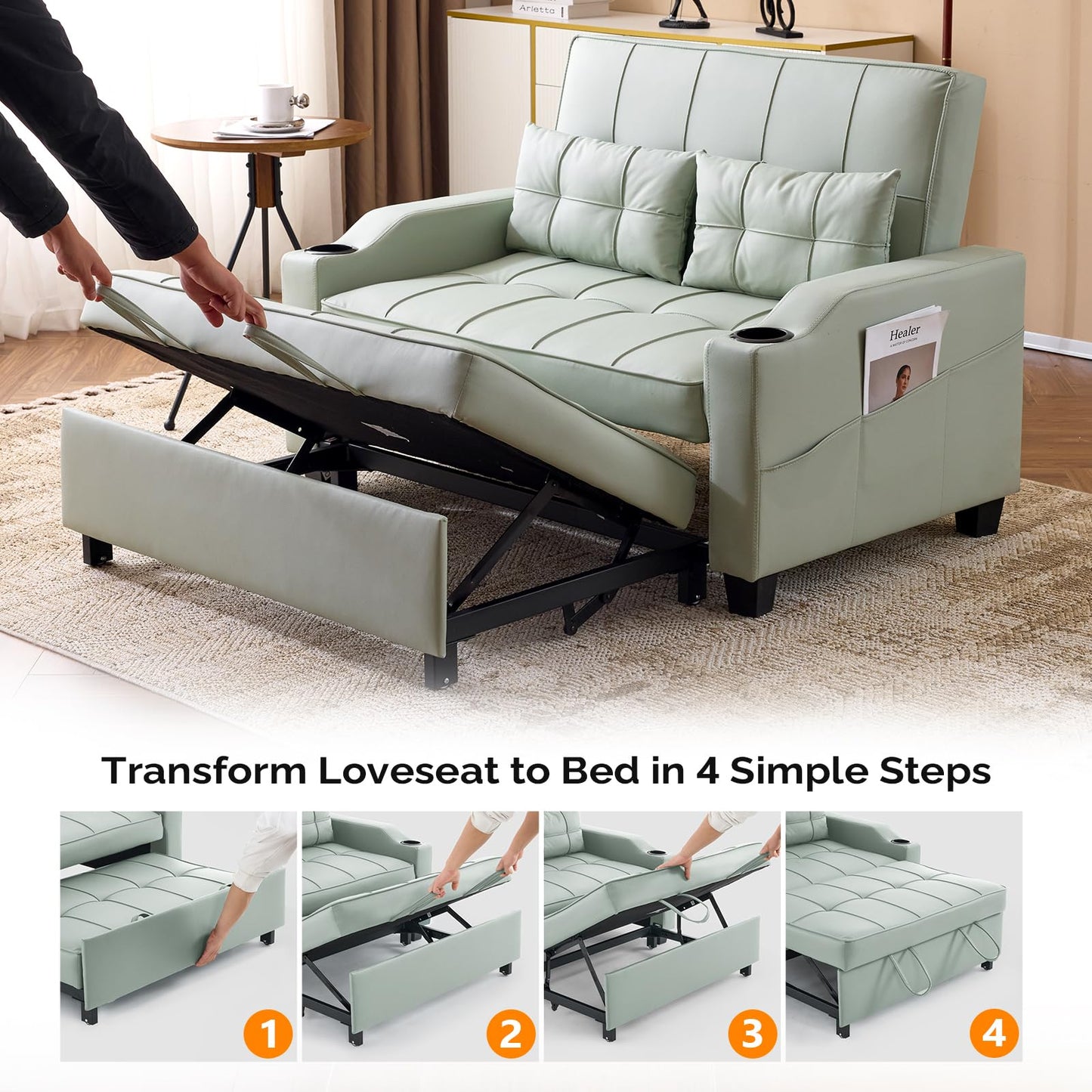 VINGLI Green Futon Sofa Bed Convertible Loveseat Sleeper Couch, Faux Leather Pullout Sofa Fold Out Couch Bed with USB Ports, Cup Holders, Armrest for Living Room, Bedroom Apartment Room