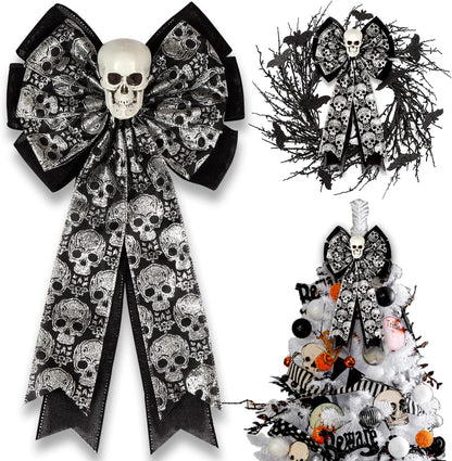 Skull Gothic Decor - Halloween Wreath Bow | Glittering Silver & Black Burlap, Perfect for Fall Outdoor Decor