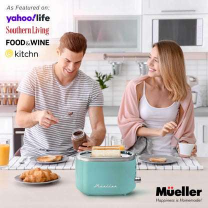 Mueller Retro Toaster 2 Slice with 7 Browning Levels and 3 Functions: Reheat, Defrost & Cancel, Stainless Steel Features, Removable Crumb Tray, Under Base Cord Storage, Turquoise