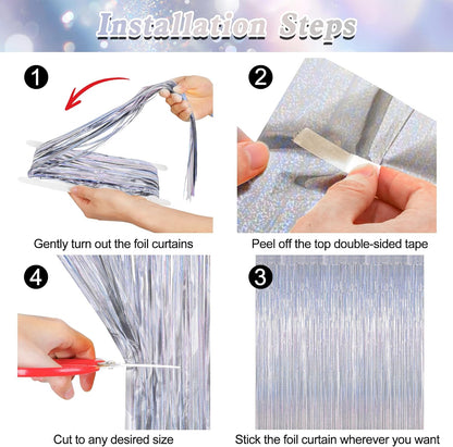 Skiennix Silver Metallic Tinsel Foil Curtains - 2 Pack Glitter Fringe Backdrop | 3.28 FT x 7.05 FT for NYE & Birthday Parties