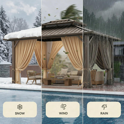 HOTEEL 10x12 Hardtop Gazebo Hot Tub Gazebo with Flame-Retardant Curtain Netting, Heavy Duty Pavilion with Galvanized Steel Double Roof, Aluminum Frame Outdoor Canopy for Patio, Party