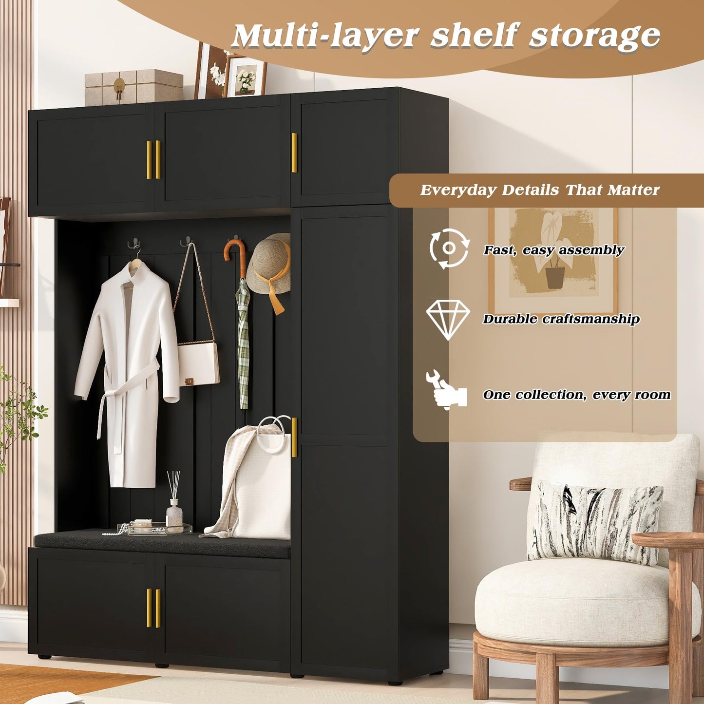 Shaical Hall Tree with Padded Bench and Shoe Storage, 4-in-1 Entryway Bench with Multi-Tier Storage Shelves & Cabinets, 4 Hooks, 79.7" H Wooden Storage Organizer for Entrance, Hallway, Mudroom, Black