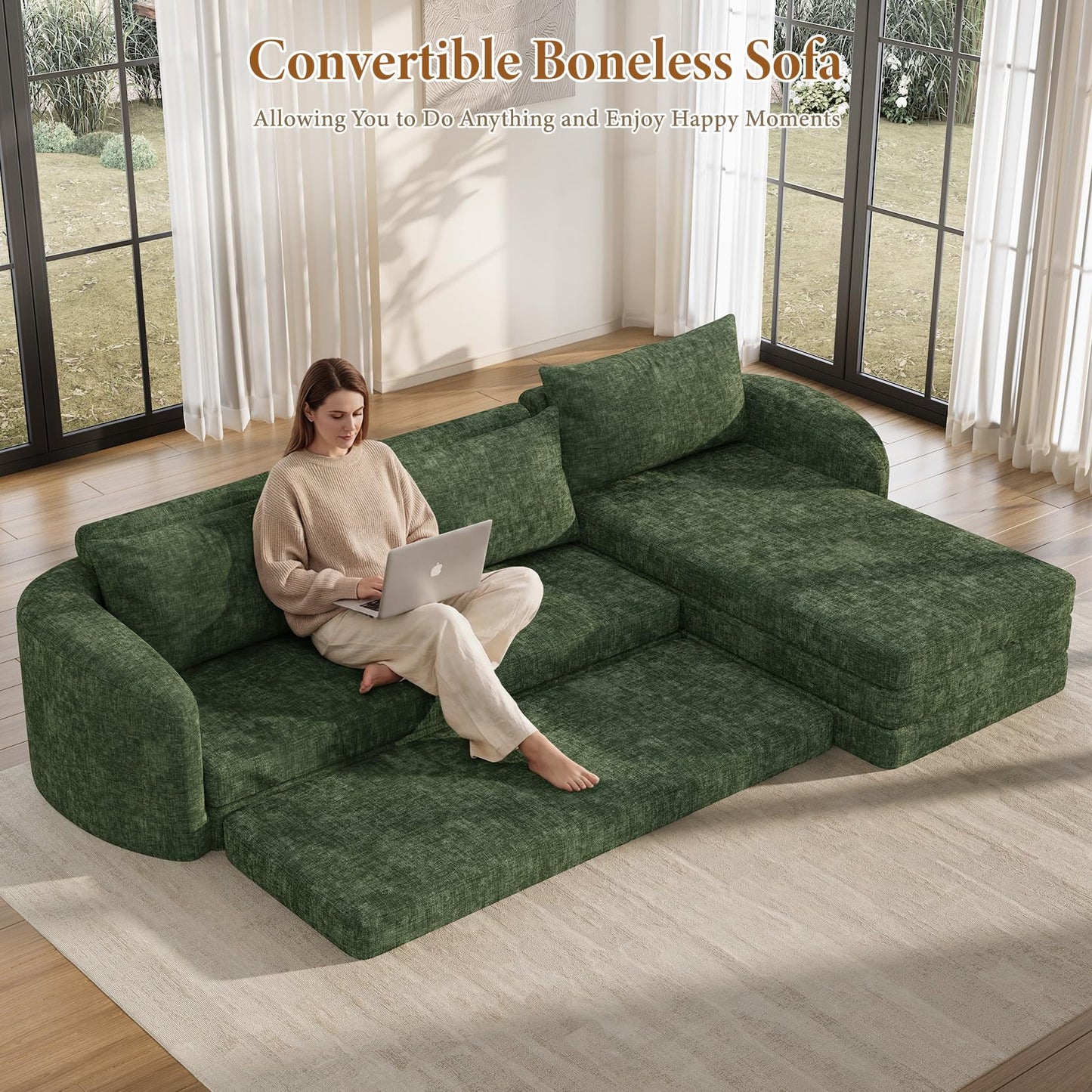 Vesgantti 110.2" Boneless Sectional Couch with Curved Armrest, 6 in 1 Convertible Folding Sleeper Sofa Bed, Chenille Modular Sofa for Living Room, No Assembly Required, Green, Right Facing Chaise