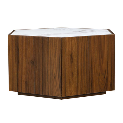 Merax Rustic Retro Coffee Table with 2 Hidden Drawers, Hexagonal Wooden Living Room Table with Textured White Marble Tops, Walunt Oak Finish