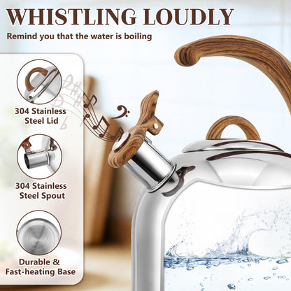 Harriet Tea Kettle Whistling Stovetop Tea Pot, 3.1QT Food Grade Stainless Steel Kettle for Boiling Water Coffee or Milk(Stainless Steel)