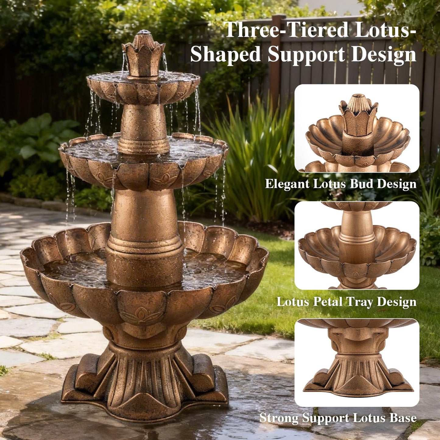 MO 48.8" 3-Tier Freestanding Water Fountain Outdoor Garden, Like Stone Large Bird Bath with Pump, Outdoor Waterfall Feature for Yard Patio Home Decor