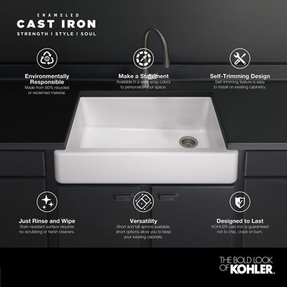 KOHLER Whitehaven® 35-3/4" Farmhouse Undermount Kitchen Sink, Single-Bowl Kitchen Sinks, Self-Trimming Tall Apron Front, K-6489-0, White