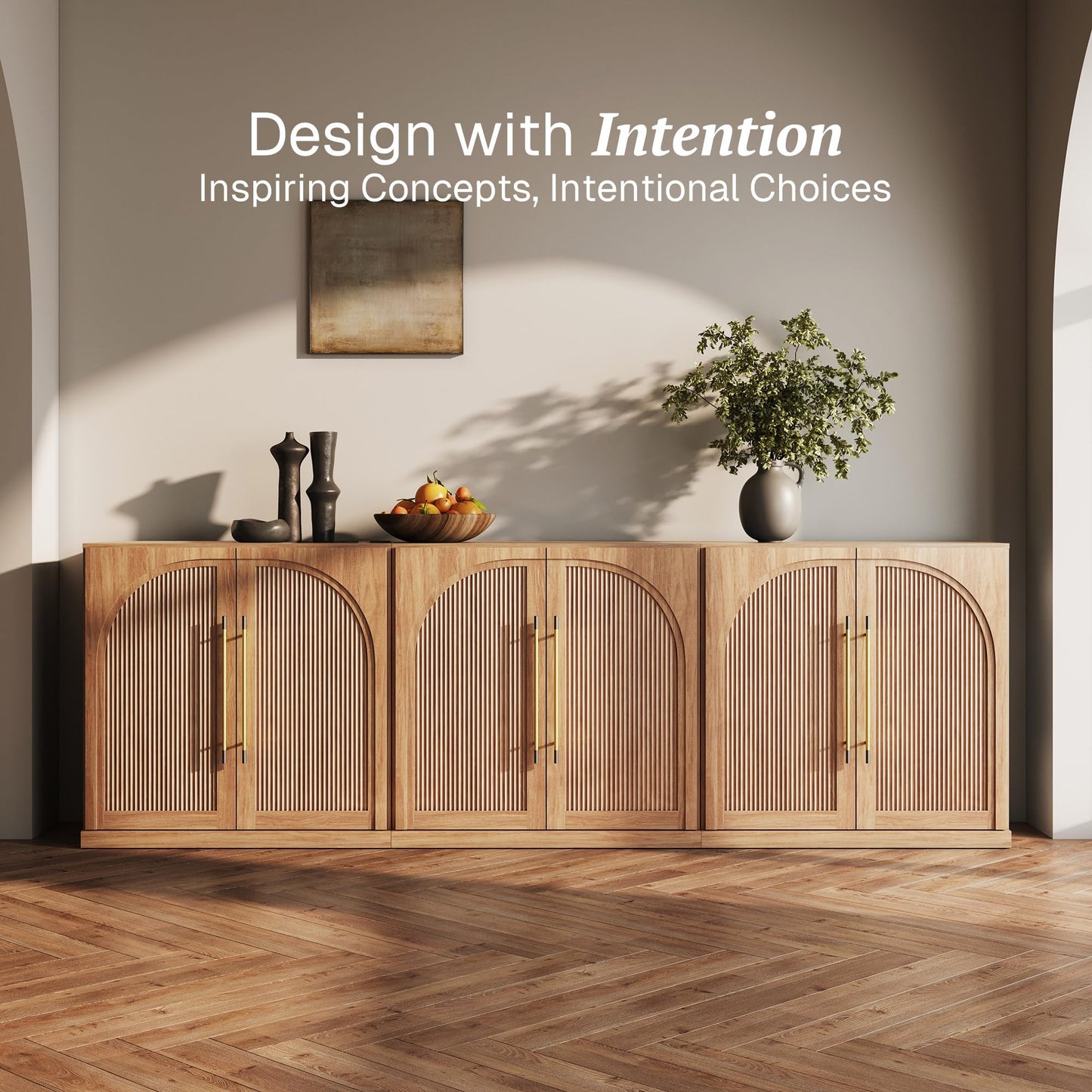 BELLEZE Set of 3 Modular Sideboard with Double-Arc Wood Doors, 97'' Arched Buffet Cabinet with Storage and Adjustable Shelves, Classic Modern Credenza for Dining Room Living Room Entryway (Camel)