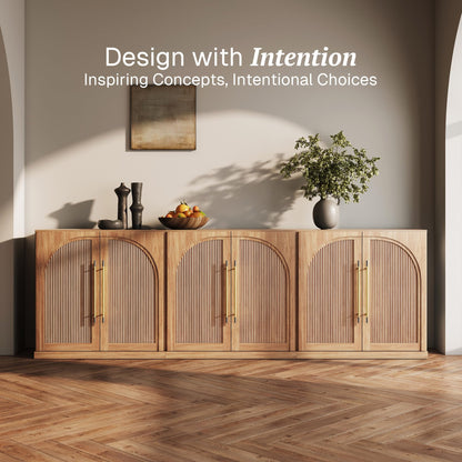 BELLEZE Set of 3 Modular Sideboard with Double-Arc Wood Doors, 97'' Arched Buffet Cabinet with Storage and Adjustable Shelves, Classic Modern Credenza for Dining Room Living Room Entryway (Camel)