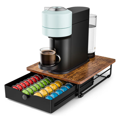 EVERIE Coffee Pod Holder Drawer, Compatible with Nespresso Vertuo Capsules, Holds 40 Large or 52 Small Pods, Flexible Slots for 4 Capsule Sizes, Rustic Brown Countertop Organizer, 15.6" Dx13 Wx3.7 H