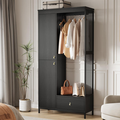 78.9" Armoire Wardrobe Closet with Shelves and Hanging Rod, Large Fixed Compartment for Bedding & Luggage, Open Design of the Hanging Area, Metal Frame Wardrobe Cabinet for Bedroom (1 Drawer, Black)