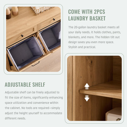 IFBUY Triple Tilt Out Laundry Hamper Cabinet, 20 Gallon Farmhouse Trash Can Cabinet w/Drawer & Adjustable Shelf, Hidden Garbage Can Bin Cabinets w/Laundry Basket for Bathroom, Kitchen (Natural)
