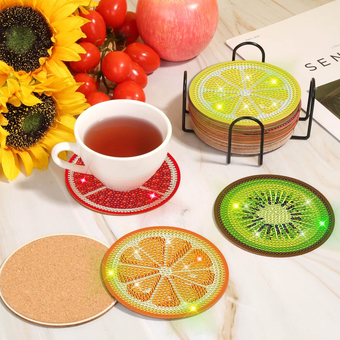 Billbotk 12 Pieces Diamond Art Painting Coasters Kit with Holder, Diamond Art Coasters, DIY Diamond Crafts Projects, Diamond Dot Kits for Adults and Beginners(Fruit Style)