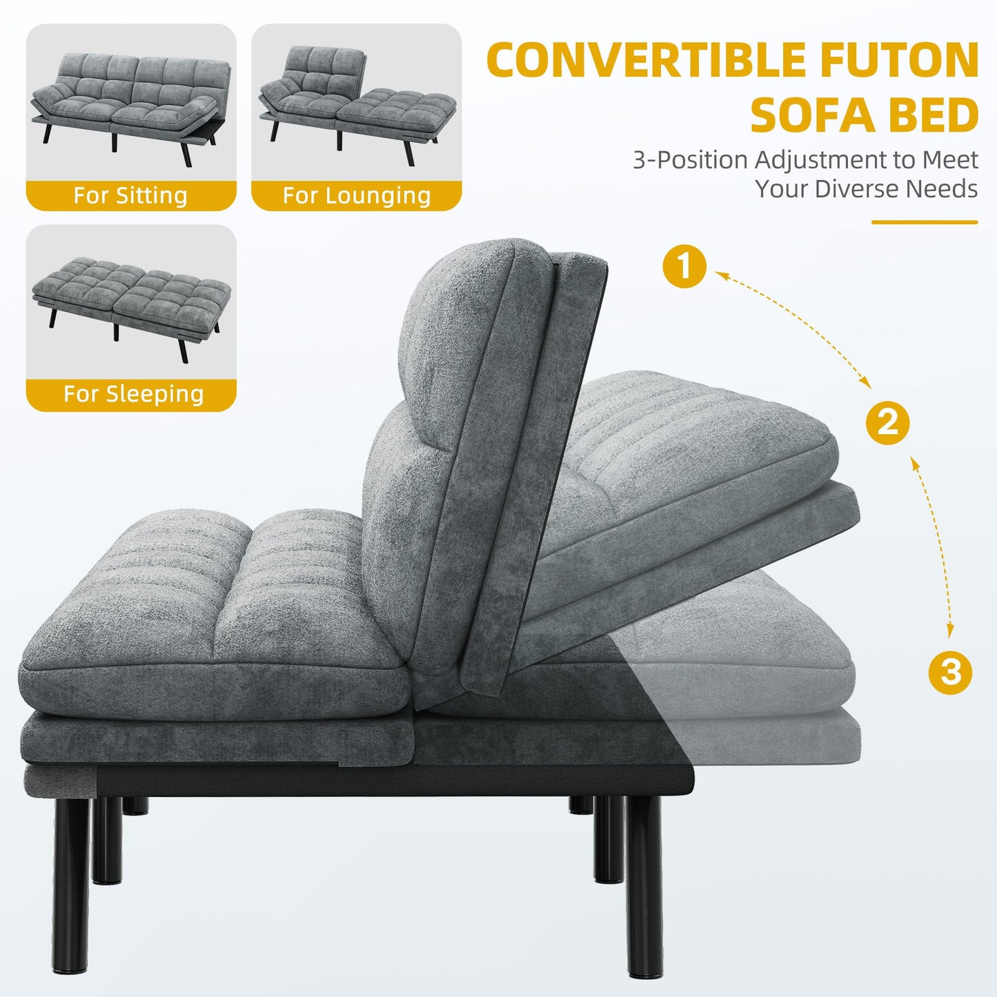 DWVO 70" Convertible Futon Sofa Bed, Folding Futon Set for Living Room Home Office Aprtment, Modern Futon Couch with Adjustable Backrest & Armrests, Recliner Lounge, Loveseat Sofa