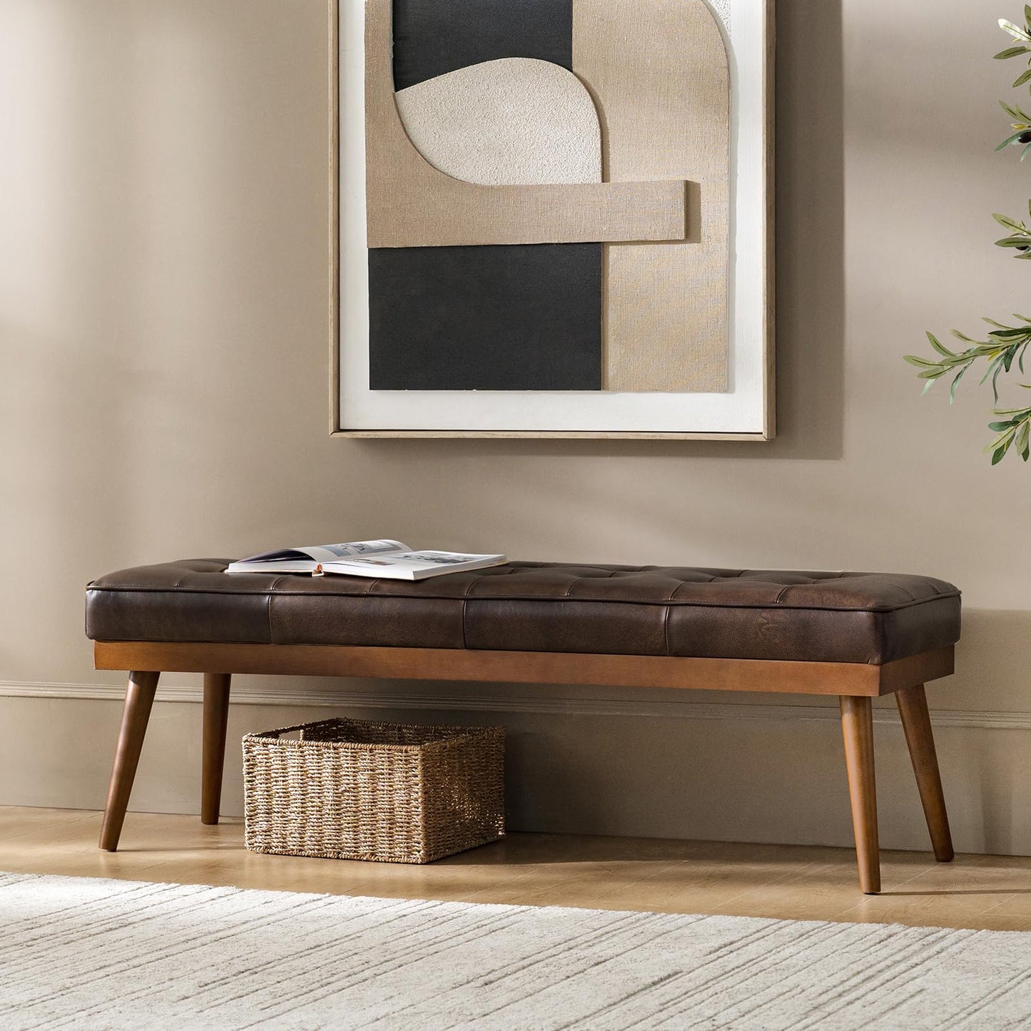 HULALA HOME 55.5" Genuine Leather Bench, Button-Tufted Entryway Bench with Solid Wood Legs, Upholstered End of Bed Bench for Bedroom, Chocolate