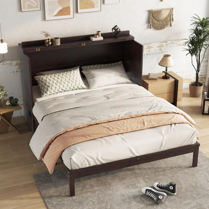 KEIKI Queen Murphy Bed w/Rattan Doors & Drawers, Space-Saving Foldable Wall Bed w/USB, Foldable Hidden Bed, Farmhouse Boho Style Guest & Living Room Bed, Espresso