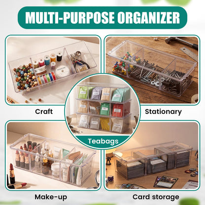 Hoteam 3 Pack Tea Bag Organizer with Lids,Clear Stackable Plastic Tea Bag Storage Organizer for Cabinet Counter Countertop Pantry, Sweeteners (Flip Top,3 Grids)
