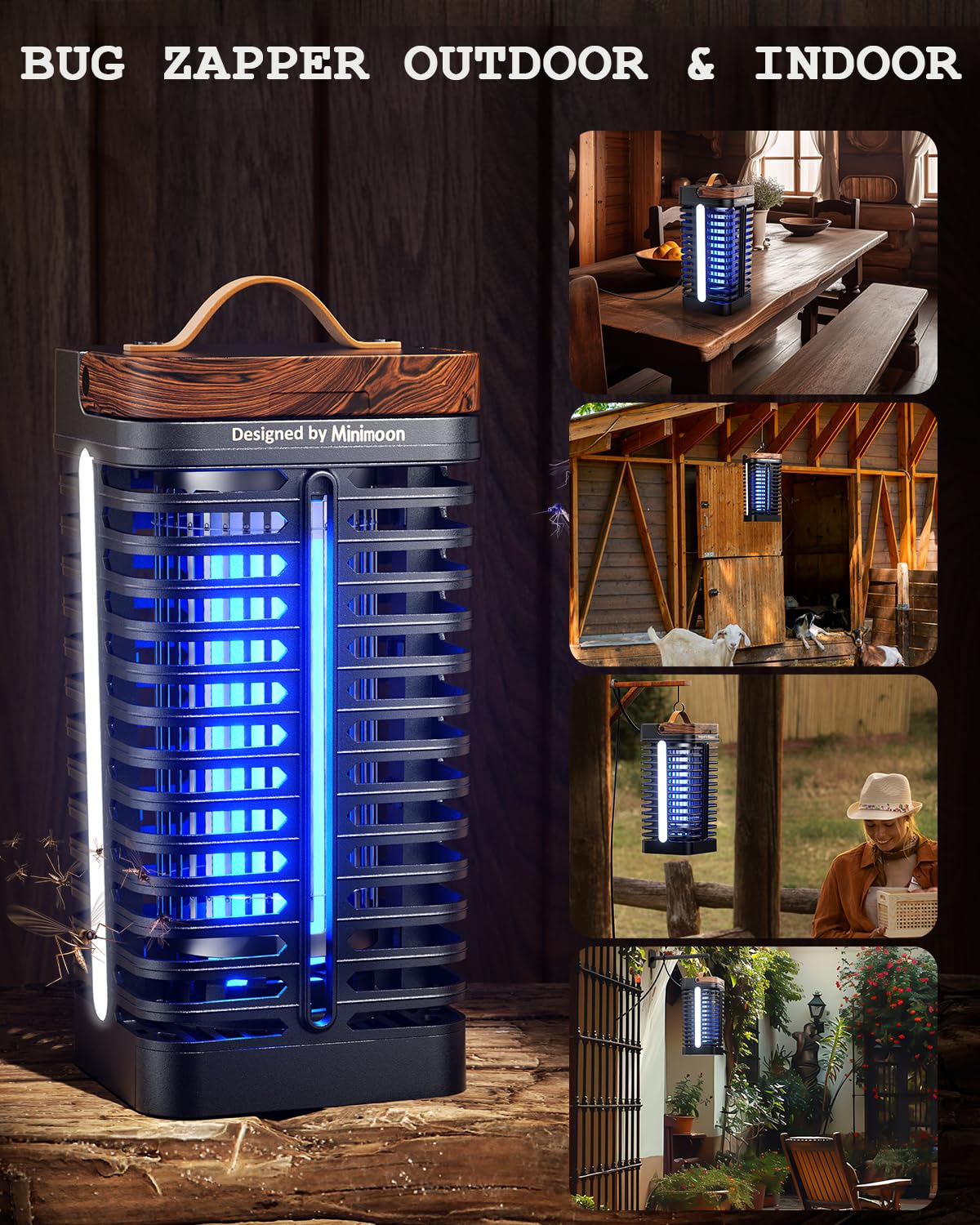 Minimoon Bug Zapper Outdoor with Dual LED Lights, 15W Mosquito Zapper 4200V Electric Fly Trap, Western Theme, IPX4 Waterproof, 5.9 Ft Cord, Fly Zapper for Backyard, Patio, Indoor