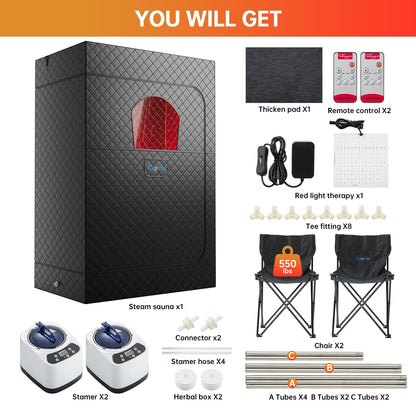 Ceyodo Upgraded 2 Person Infrared Sauna Box, 77”x 37”x 50” Portable Sauna with 660nm Red Light Therapy & 850nm,5-Layer Waterproof, 2 Steamers,2 Folding Chairs for Home Sauna
