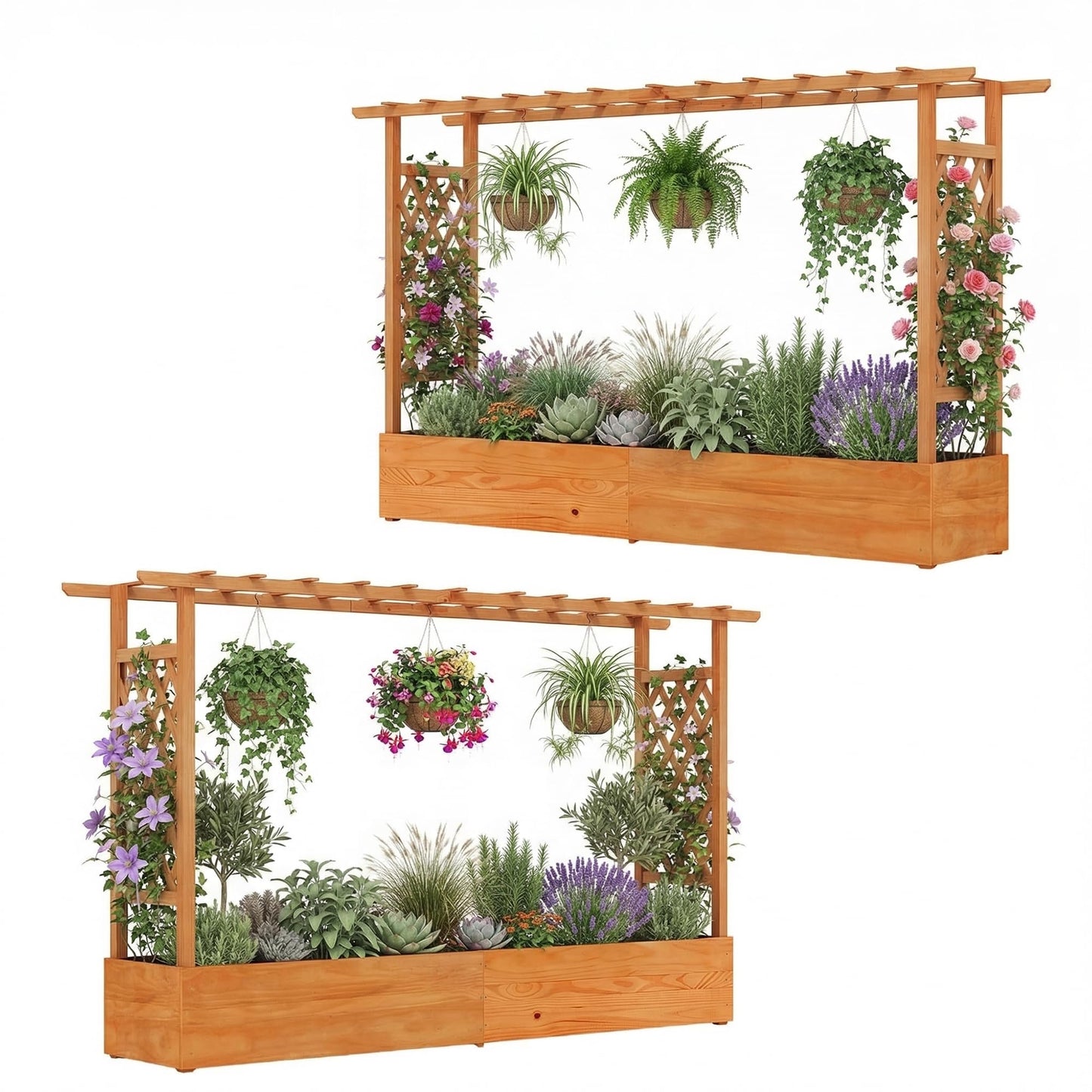 HAPPYGRILL Raised Garden Bed with Trellis, 2 Pack Freestanding Wood Planter Box w/Hanging Roof & 8 Drainage Holes for Vine Climbing Plants Flowers, Outdoor Planter with Trellis for Garden Patio Yard
