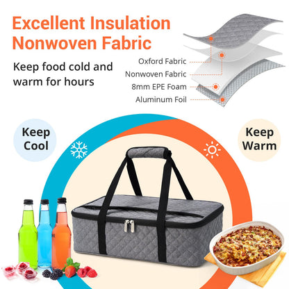 Casserole Carrier - Large Portable Insulated Food Carrier for Hot or Cold Food, Lunch Tote Warmer or Cooler Bag, Lasagna Lunch Bag for Work Picnic Hiking Beach - Fits 16" x 10"Baking Dish-Grey