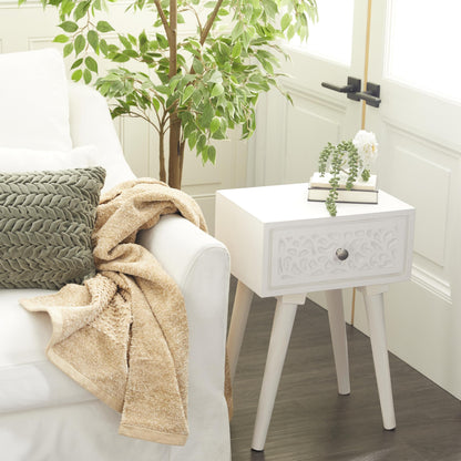 Deco 79 Mango Wood Scroll Side End Accent Table Intricately Carved Single Drawer End Table, Side Table 16" x 13" x 24", White