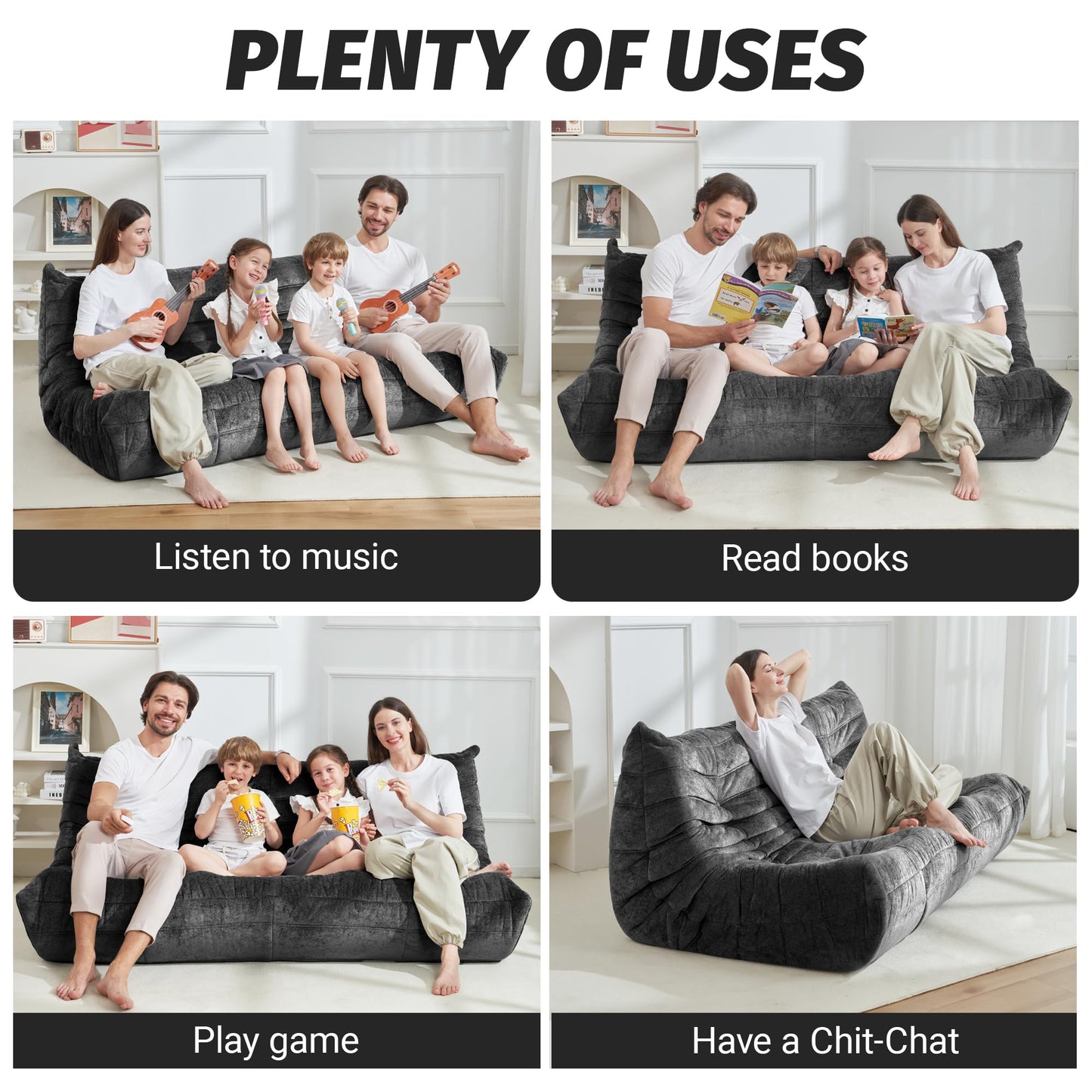 Homguava Bean Bag Chair, Giant Beanbag Chairs for Adults, Memory Foam Fireside Chair, Large Lazy Floor Sofa, Sofa Couch with High-Rebound Foam, Lounge Chair for Living Room, Bedroom (Grey, 3-Seater)