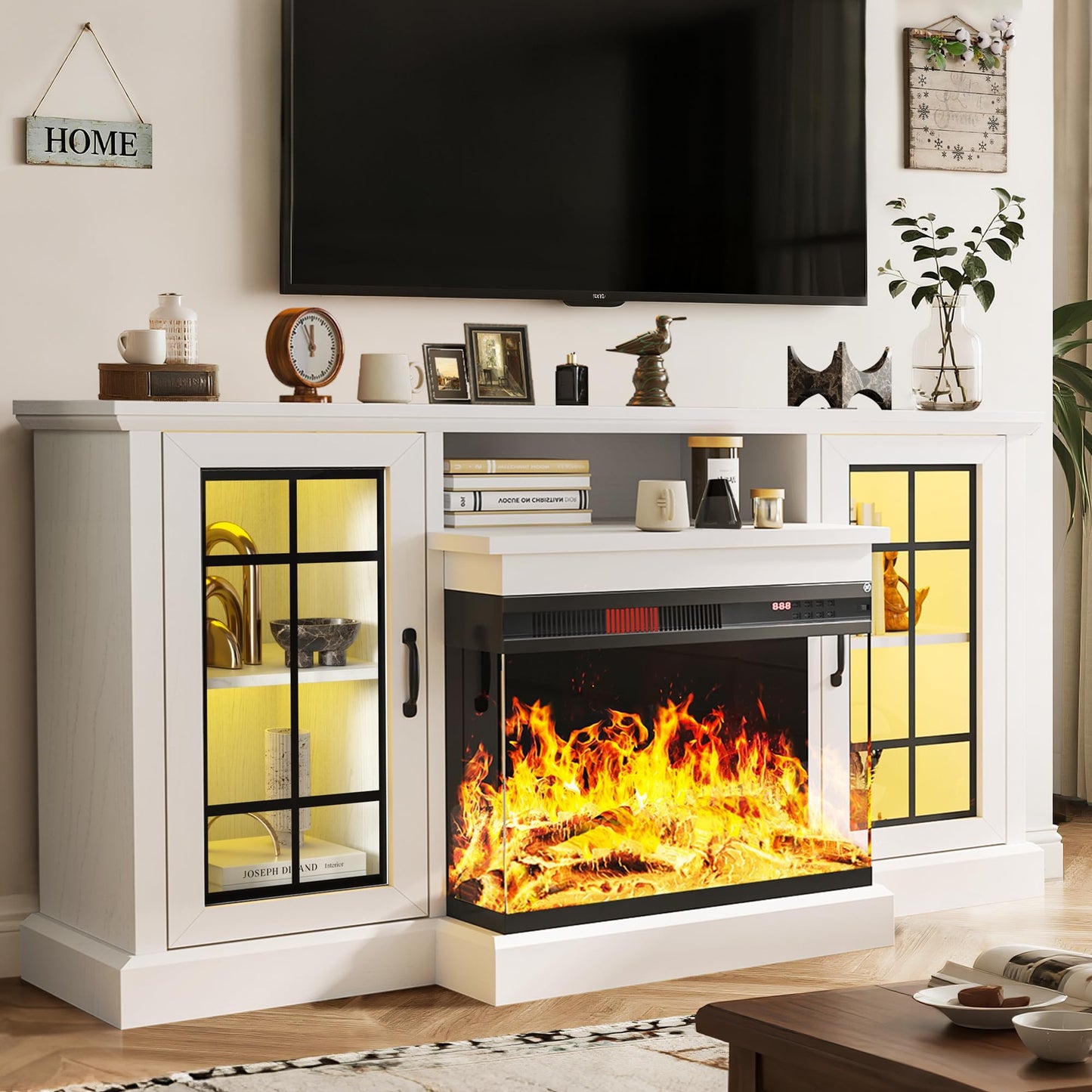 MXV 59'' Fireplace TV Stand, Farmhouse Entertainment Center with 3 Sided Glass TV Stand, Modern Media Console Table with Storage Drawers & Cabinets with LED Flame and Lights for Living Room, White