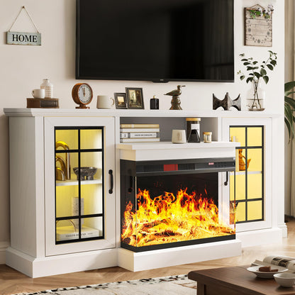 MXV 59'' Fireplace TV Stand, Farmhouse Entertainment Center with 3 Sided Glass TV Stand, Modern Media Console Table with Storage Drawers & Cabinets with LED Flame and Lights for Living Room, White