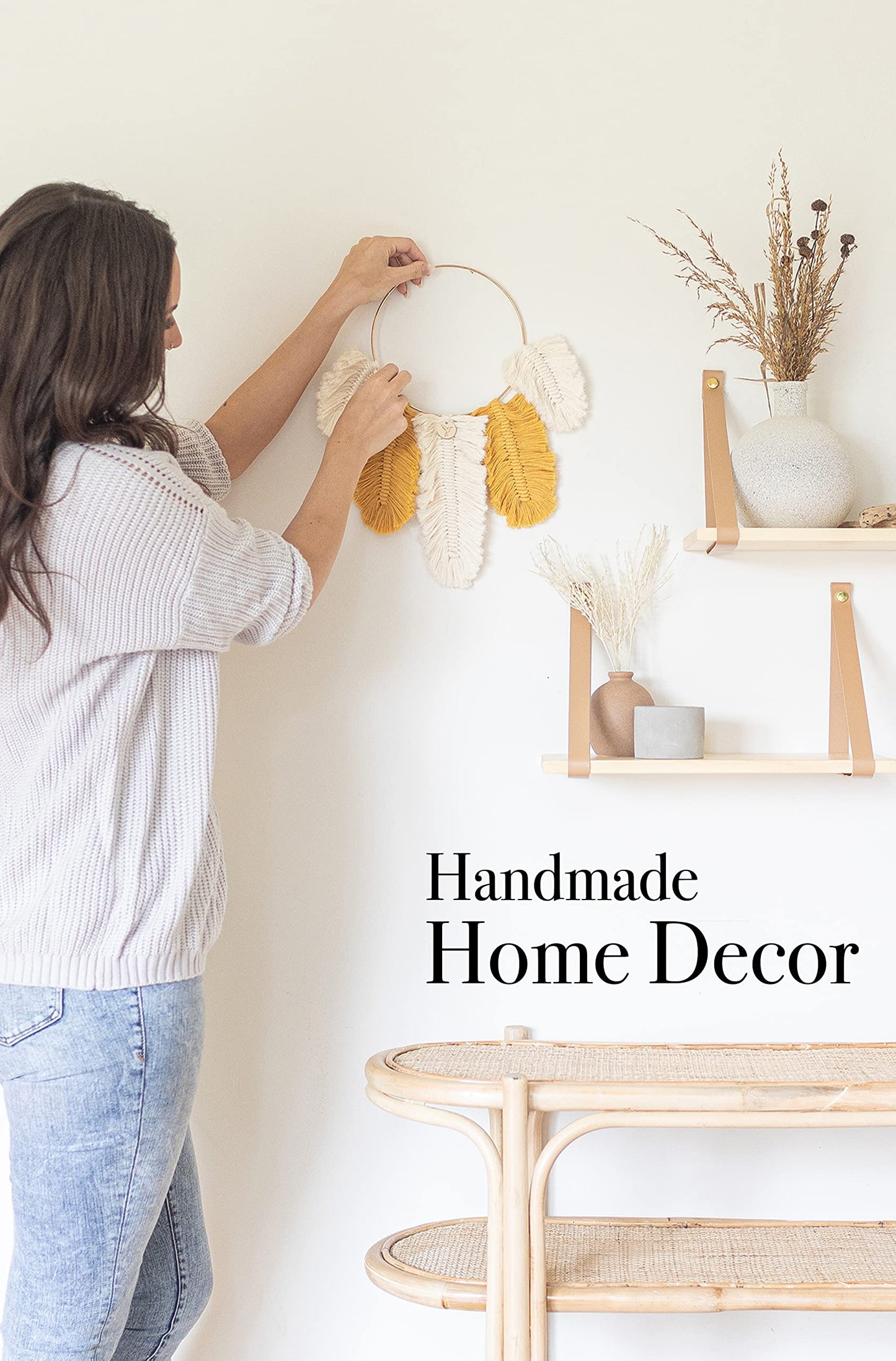 DIY Macrame Kit, Feather Dream Catcher Wall Hanging Kits for Teens & Adult Beginners, Craft Supplies for Boho Art Project-Macrame Cord, Gold Hoop, Accessories & Instructions (Sundial)