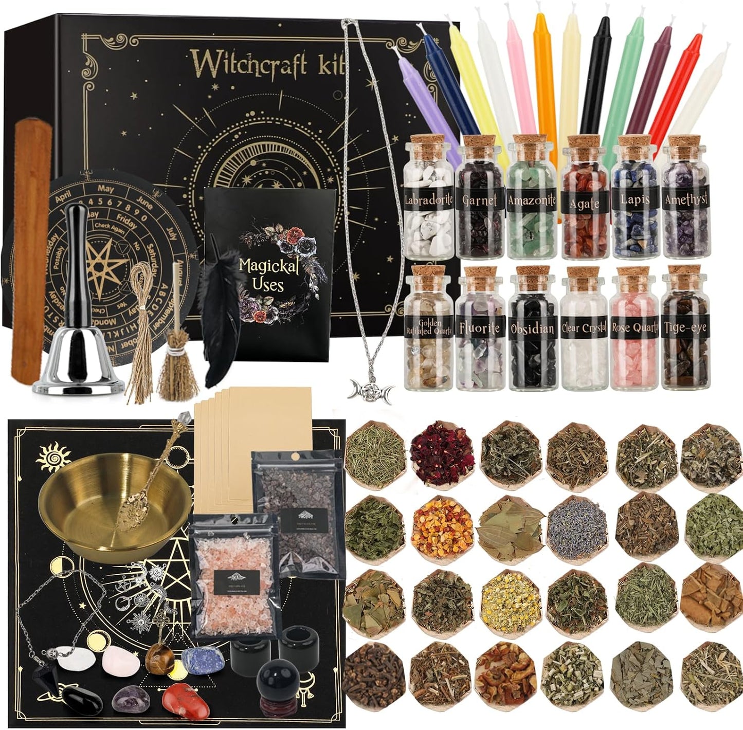 132 Witchcraft Supplies Kit PCS, Wiccan Supplies and Tools, Including Witchcraft Herbs, Spell Candles, Crystals