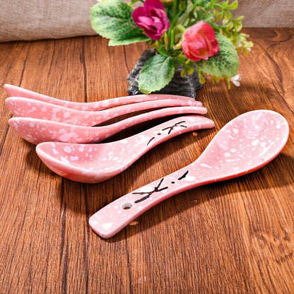 Japanese Soup Spoons Set of 5 - Pink Ceramic Spoons for Soup, Ramen, Pho, Gravy, and Dumplings