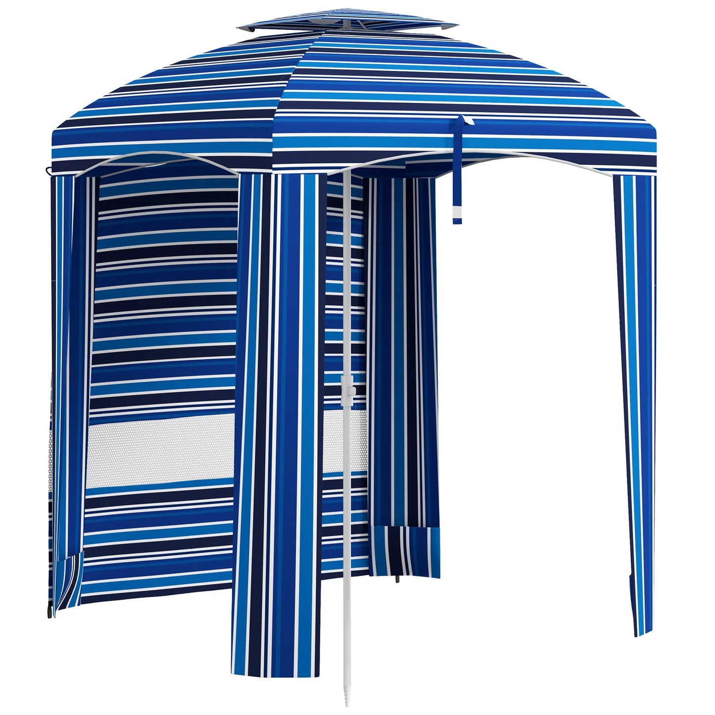 leoglint 5.8' x 5.8' Portable Beach Outdoor Umbrella with Double-Top, Ruffled Outdoor Cabana with Walls, Vents, Sandbags, Carry Bag, Blue Stripe
